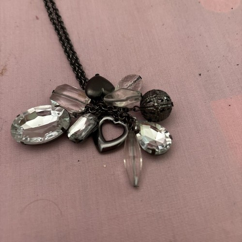 Necklace Black Beaded Crystal Pendant Silver Tone Costume Jewelry Hearts - Picture 3 of 6
