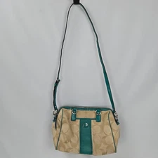 Coach Signature Print Bag Satchel Handbag Bright Jade Tan F24364 Shoulder Strap