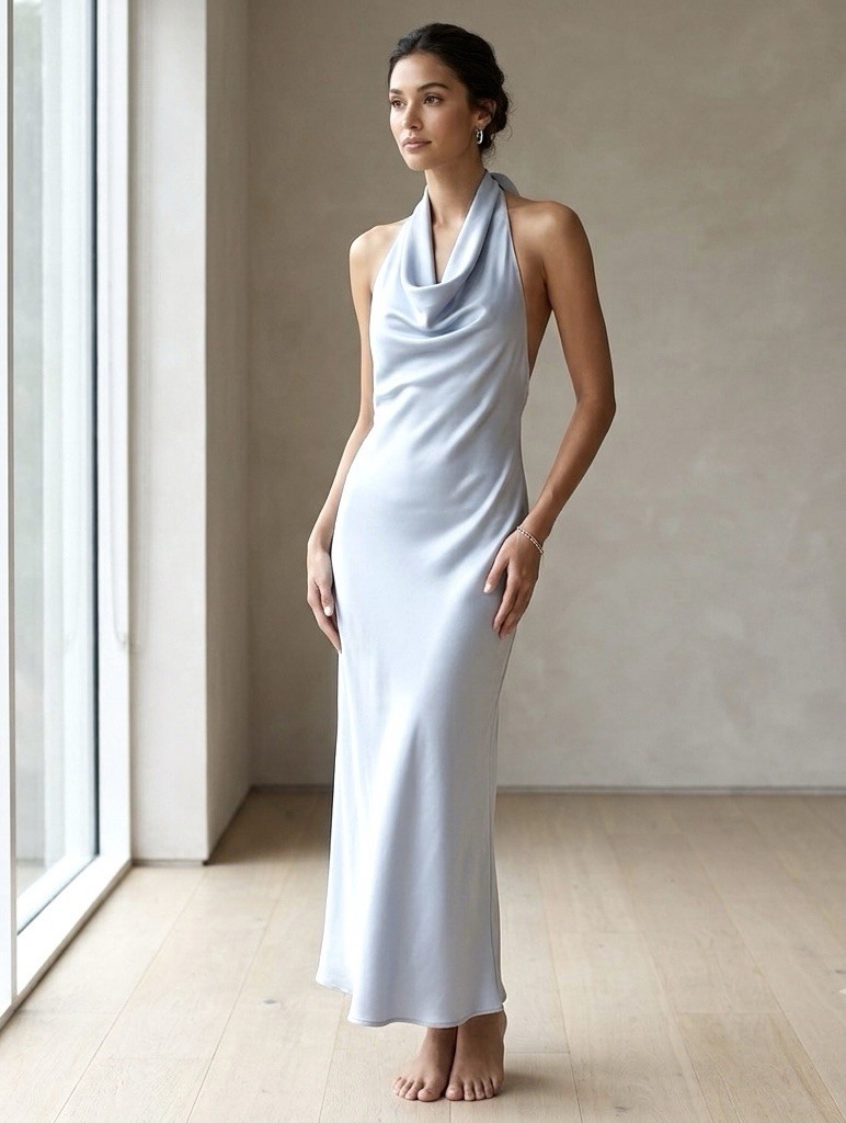 Conditions Apply Sky Blue Satin Halter Maxi Dress Size L NWT Slip Formal Gown