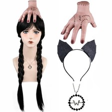 Wednesday Addams Wig Set Thing Hand Necklace Headband Long Black Braided Costume