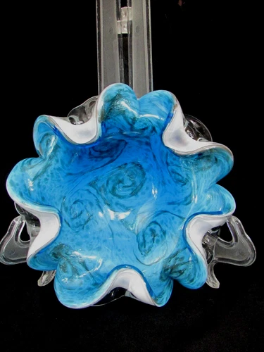 Vintage 7” Murano Art Glass Venetian Ruffled Rim Blue Bowl Dish