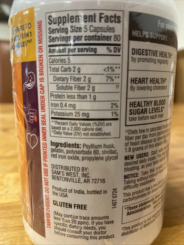 Nuevo suplemento cápsula de fibra de cáscara de psyllium 100 % Member’s Mark **800 ct.**~8/2027 Foto 3 de 4