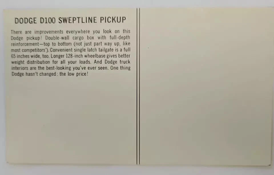 Postal promocional publicitaria para Dodge Truck serie D 100 1965 línea barrida Foto 3 de 4