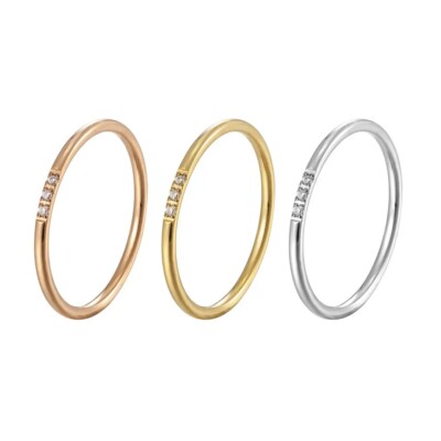 Women 1mm Thin Silver Gold Plated CZ Inlay Stainless Steel Stackable Ring Band