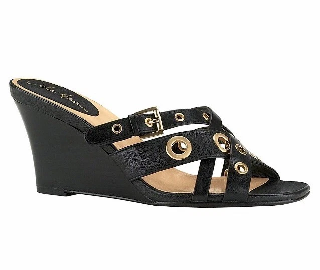 Sandálias Cole Haan 4532 Air Whitney couro preto slide wedge sapatos tamanho 8 NOVO