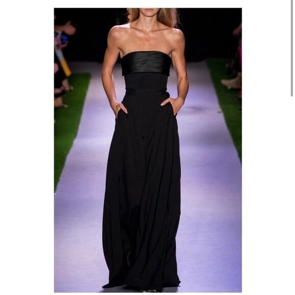 Brandon Maxwell Black Strapless Wide Leg Jumpsuit Gown Satin