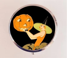 Art Deco Witch Pill Box Case Pillbox Holder Trinket Stash Halloween Pumpkin