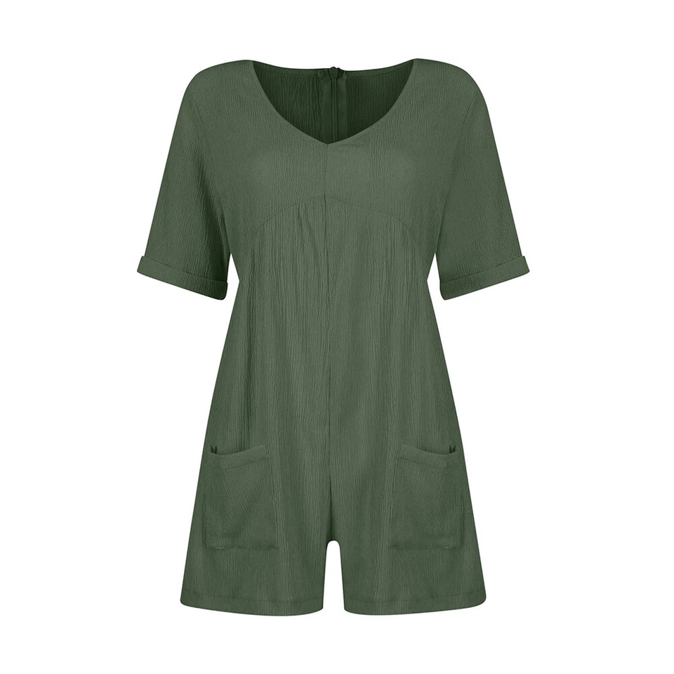 Lässiger Damen-Overall Mit V-Ausschnitt Und Kurzen Ärmeln Sommer-Outfi ▽ - Bild 4 von 4