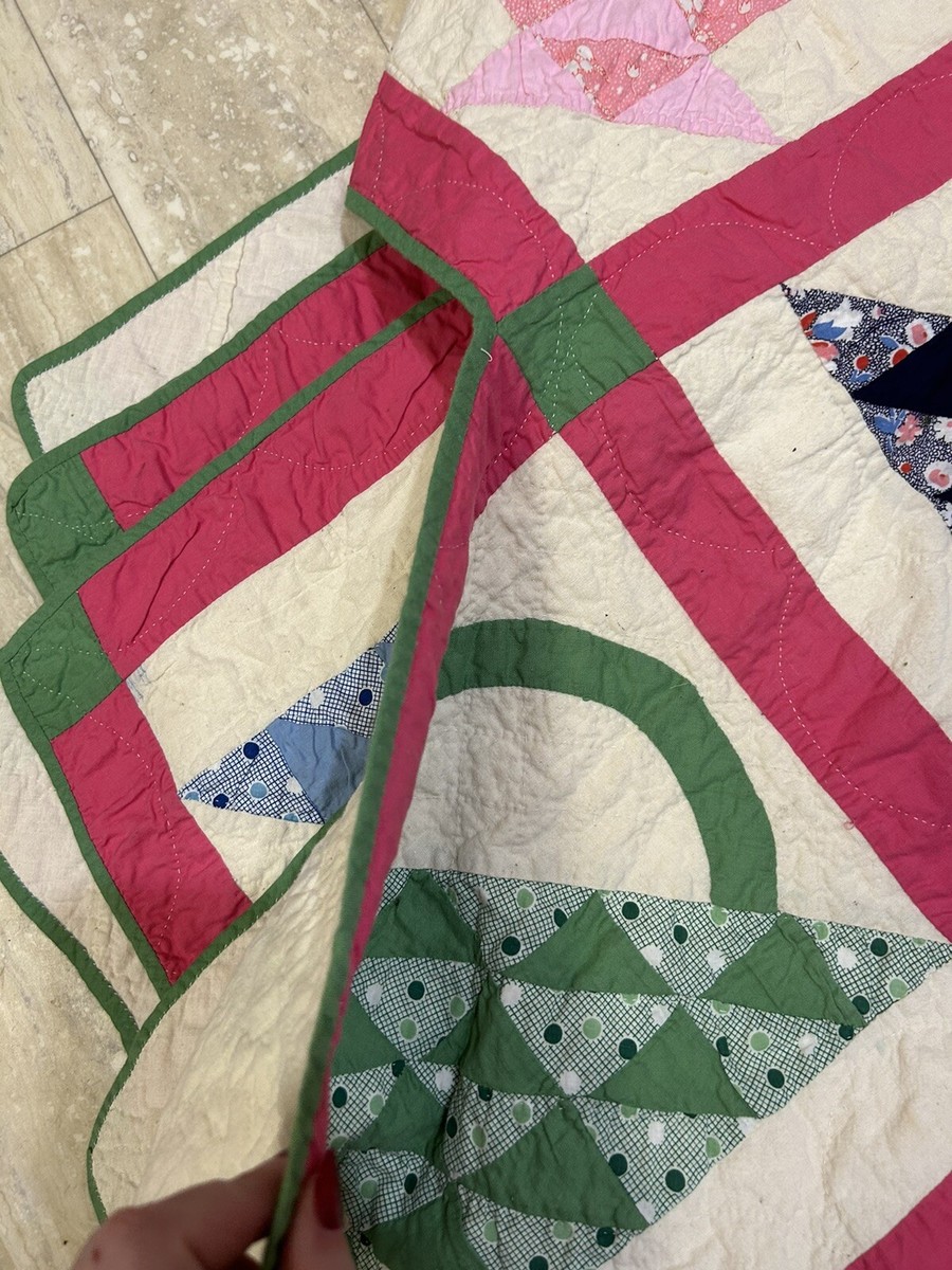 Vintage Patchwork Flower Basket Quilt Hand Stitched Beautiful! 72