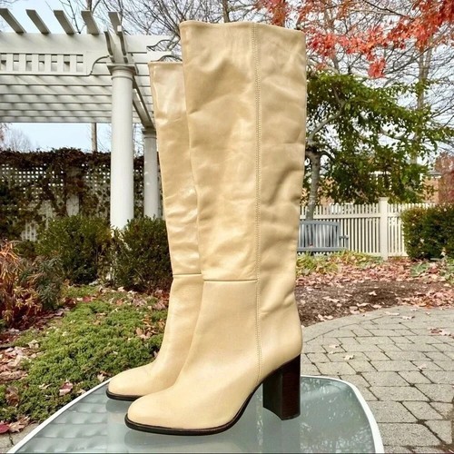 New Free People Grayson Tall Boots Leather Heeled Knee High Shoe Beige Cream 9.5 - Picture 4 of 8