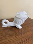 MCM Vintage Kemple White Milk Glass Dolphin and Koi Fish Lidded Candy Dish
