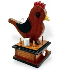 Vtg Folk Art Painted Bird Spool SEWING BOX Odd Cork Insert 1 Drawer Ceramic Knob