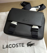 New LACOSTE Chantaco Pique leather Flap Messenger crossbody bag Black