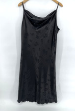 Vintage Y2K Bebe Black Satin Slip Dress L Floral Midi Spaghetti Strap Low Back
