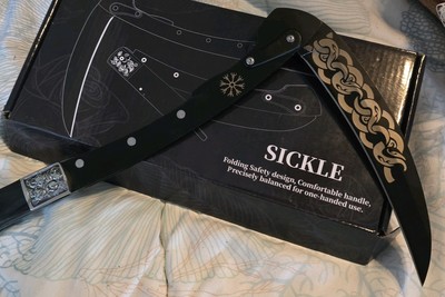 Valhalla Folding Sickle- Laser Engraved Black Blade- Wooden Handle W/sheath