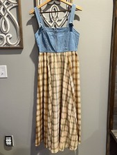 Forever 21 Light Wash Denim Bodice Zip Earthy Plaid Midi Dress Size Medium