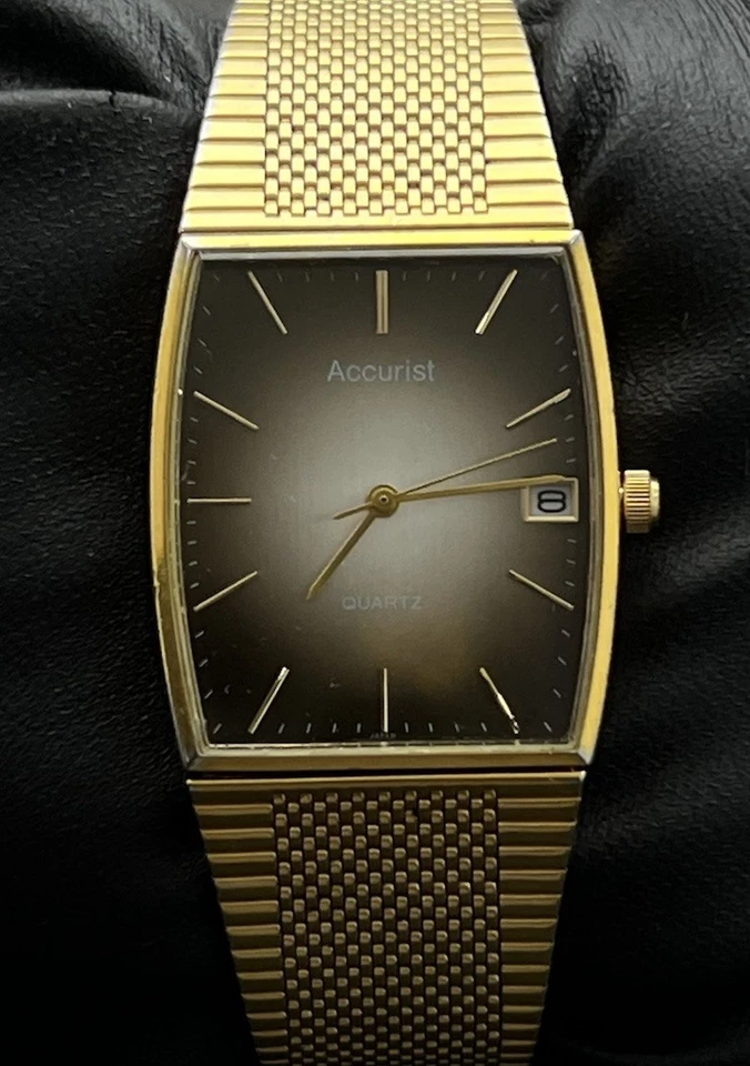 Reloj de cuarzo vintage 1980 ACCURIST para hombre 38 mm fecha pulsera dorada esfera Sunburst Foto 3 de 4