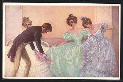 Artist postcard Fritzi Ulreich: stooping down gentleman with three noble ladies 