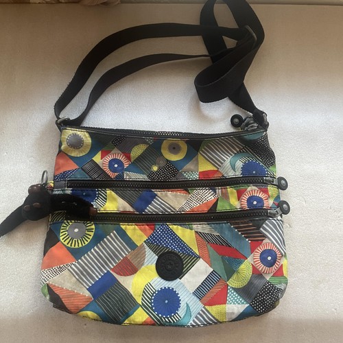 Kipling Crossbody Purse Multcolori Geometric Monkey Zip Pockets Keychain