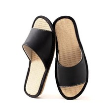 Top Grain Cowhide Leather House Slippers, Linen 7.5-8 Women/7-7.5 Men Black