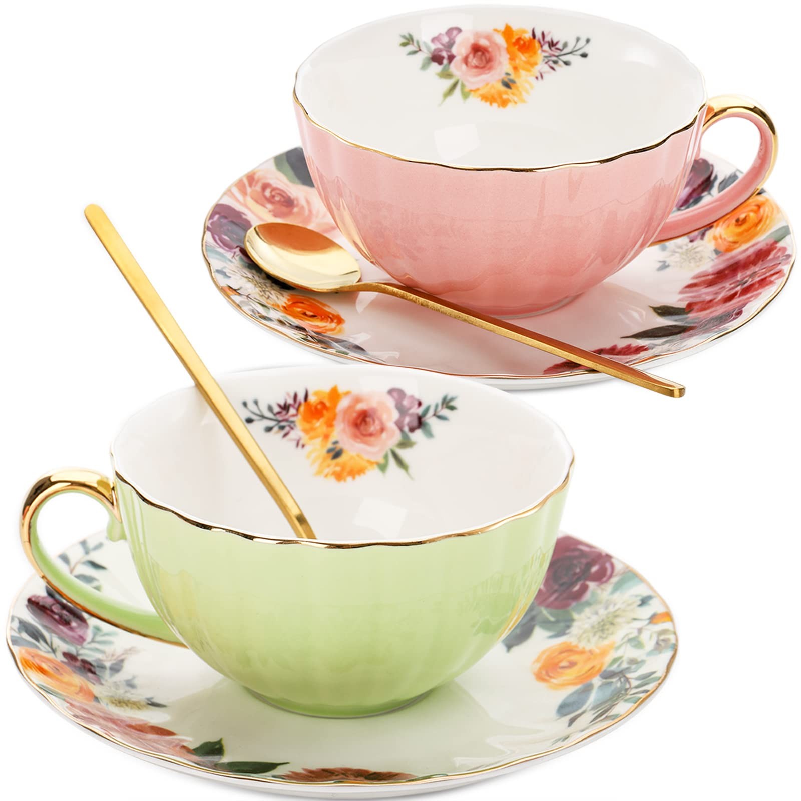 Cup And Saucers, 8 Oz Floral Tea Cups With Gold Trim And Spo