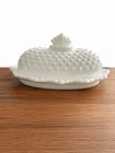 Vintage Fenton Hobnail Milk Glass Butter Dish with a Shell Finial.