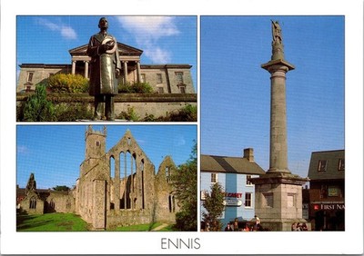 Ennis Ireland Postcard De Valera Statue, Friary, Town Square Bird Stamp