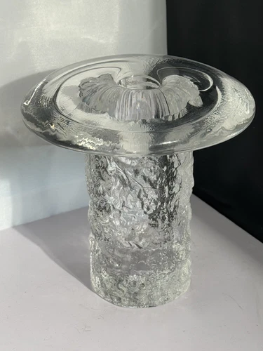 Mushroom Ice Glass Candle Holder Swedish? Blenko? VTG MCM Crystal