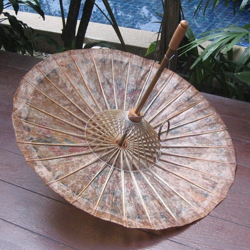 Thailand Umbrella / Parasol 34" Crane Birds Rice Paper Hand Painted Décor Bamboo - Picture 2 of 5