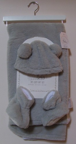 Set regalo stivaletti berretto cappello pom pom bianco grigio molto morbido True Baby 3 pezzi