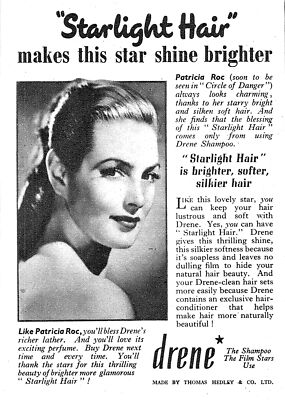 1951 Werbung für DRENE Haarshampoo klein Vintage Original PATRICIA ROC Print Ad