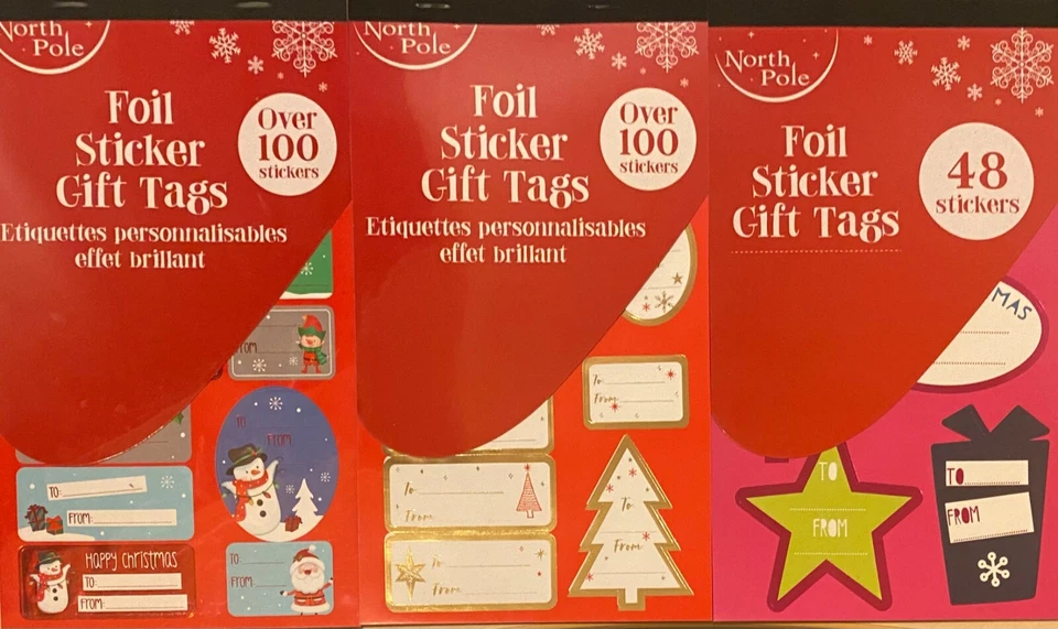EUROWRAP Gold Silver Red Foil Christmas Stickers Gift Tag Sticky Labels Tags - Gift Pack