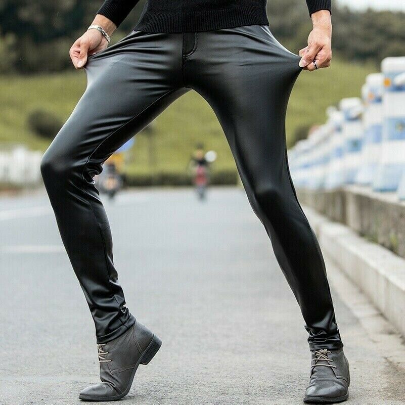 Men's Casual Chic High Stretch Pu Leather Pants Street Style - Temu