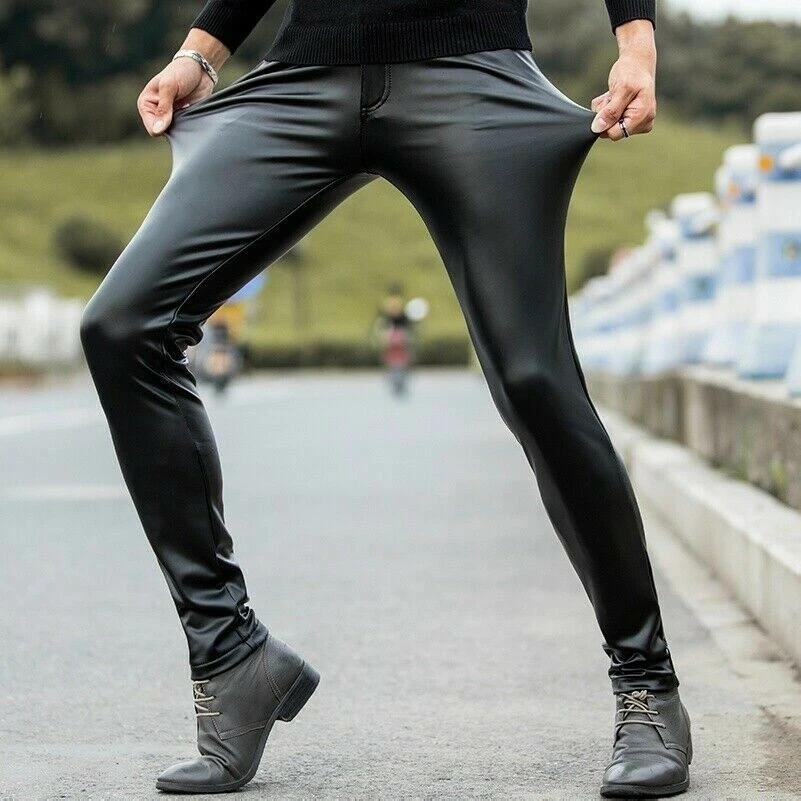 Mens Faux Leather Pants Black Pu Leggings Stretch Wet Look Trousers Slim Fit