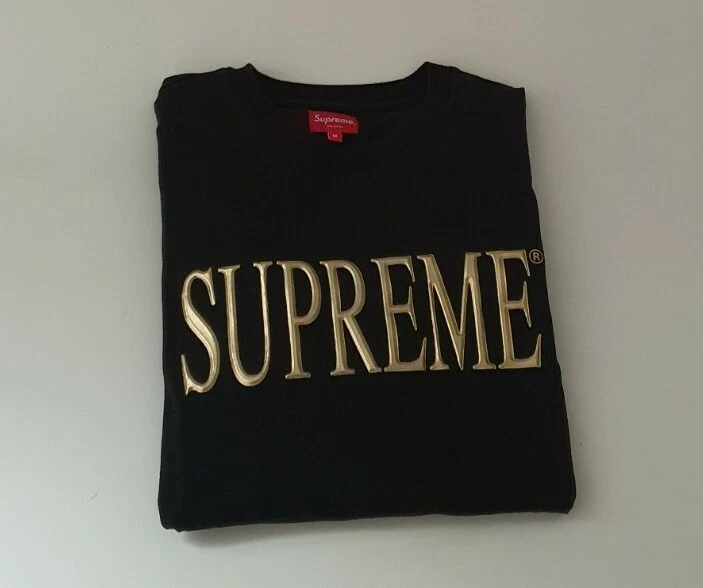 FW16 Supreme Gold Logo Top Nero Manica Lunga T Shirt Taglia M Media