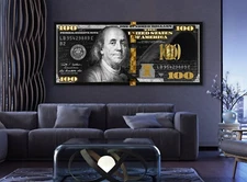 100 Dollar Bill Black & Gold Money Art Panoramic Canvas Poster Print Art Décor