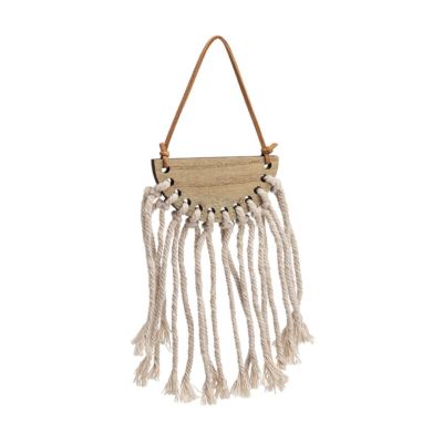 Mini cremeweiß hängend Boho Makramee Mond Holz Quasten Leder klein Wanddeko