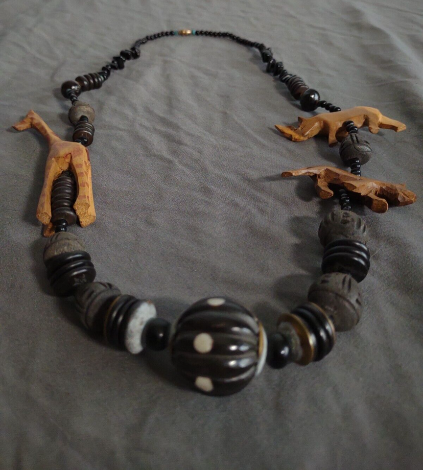 Vintage African Necklace Hand Carved Wood Safari Animals Beads Stones ...