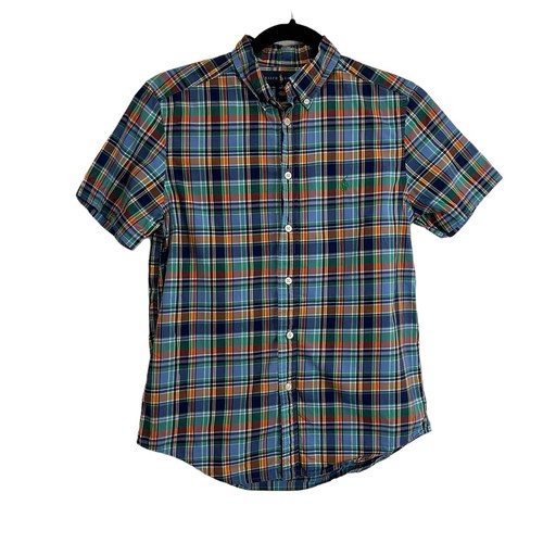 Ralph Lauren Plaid Blue Orange Green Button Up Short Sleeve Shirt Boys Youth L