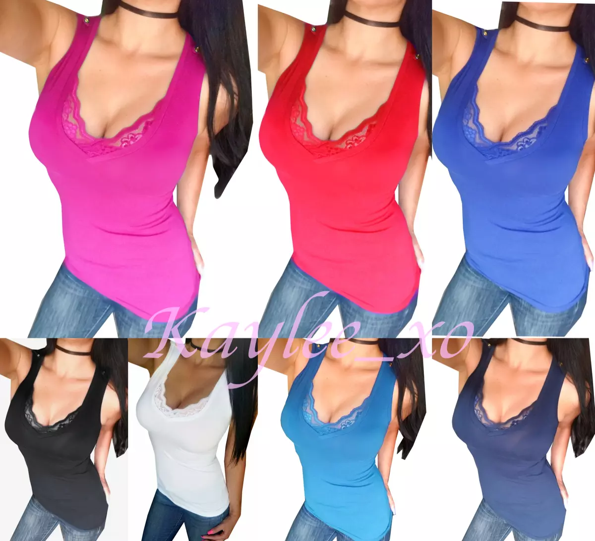 Sexy Women's Sleeveless Deep V Neck Lace Low-cut Summer Fitted Tank Top  Shirt