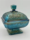 Jeanette Late Era Carnival Glass Candy Dish  Blue Gold Oak Leaves Acorn Footed