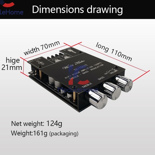 ZK-1002T Bluetooth 5.0 Stereo Amplifier Board Treble Bass 2 Channel 100W+100W - Picture 8 of 12