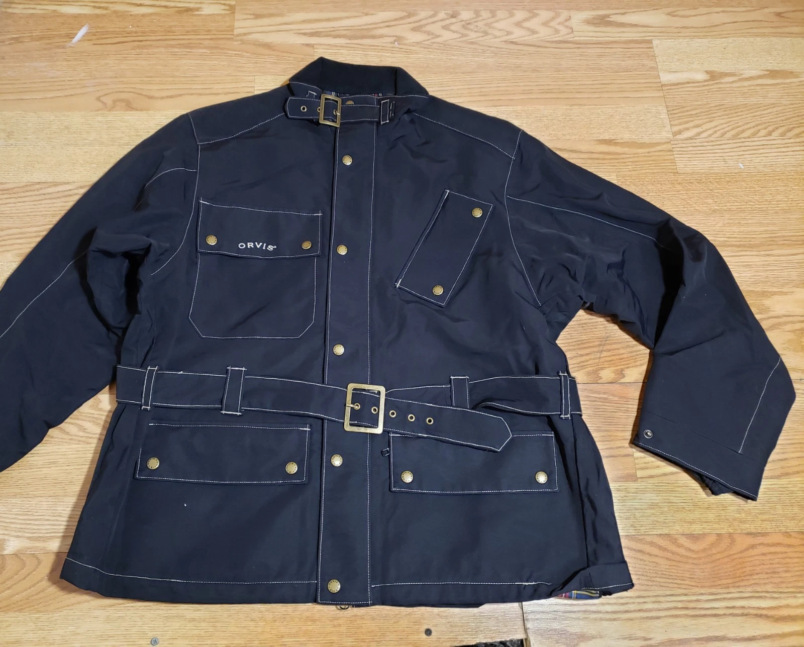 Orvis Jacket L Black Belted Field Coat Plaid Lined Nylon Outdoors Hunting