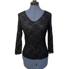 Vtg Surrealist Black Lace Sheer Long Sleeve V Neck Top Whimsigoth Coquette Y2K M