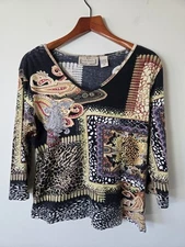 Life Style Womens VNeck Med 3/4 Sleeve Embellished Pullover Paisley Animal Print