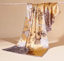 100% Silk mulberry Scarf Women neckerchief Shawl Wrap floral yellow brown HD1-18