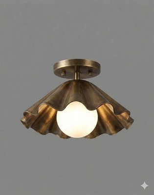 Vintage Brass Ruffle Ceiling Light - Scalloped Metal Shade Semi Flush Mount