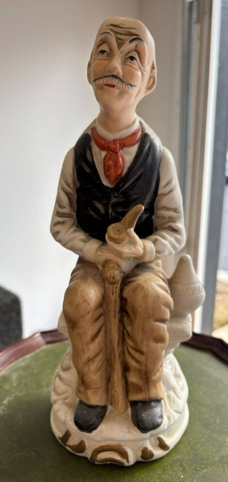 Porcelain figurine Older  Man with cane & pipe  Sitting on a Bench Vintage 9