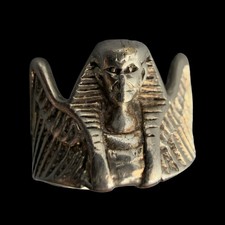Vintage Signed   EGYPTIAN REVIVAL King Tut Pharaoh Goddess Silver Ring SZ 7