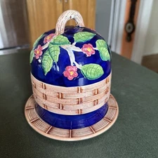 George Jones Style Cobalt Majolica Pottery Cheese Keeper Dome & Plate Mann 1992